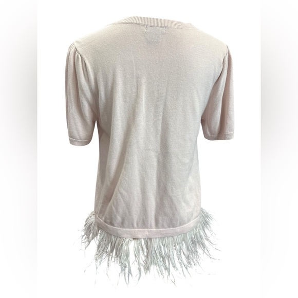 Halogen Merino Wool Feather Hem Sweater Top Medium Blush Beige Ostrich Trim - Picture 7 of 10